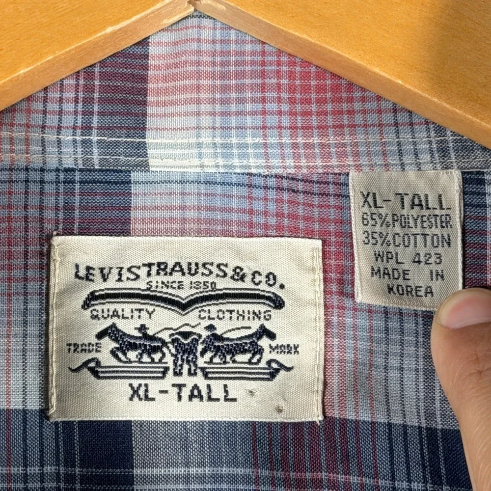 Levis Mens XL-Tall Plaid Western Pearl Snap Shirt Red White Blue Vintage Korea